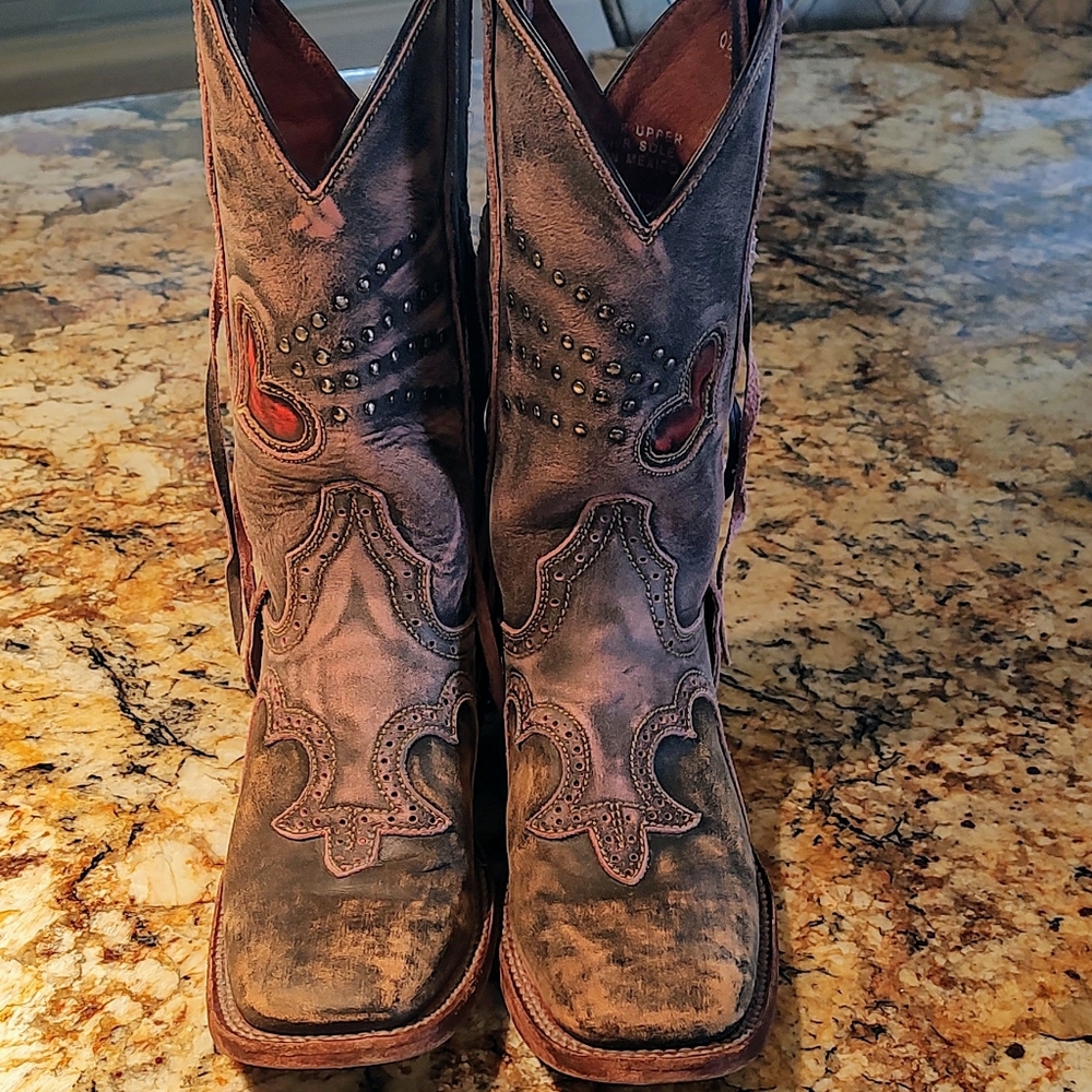 Dan Post Distressed Brown Leather Studded Western Heeled Boots - Picture 7 of 14